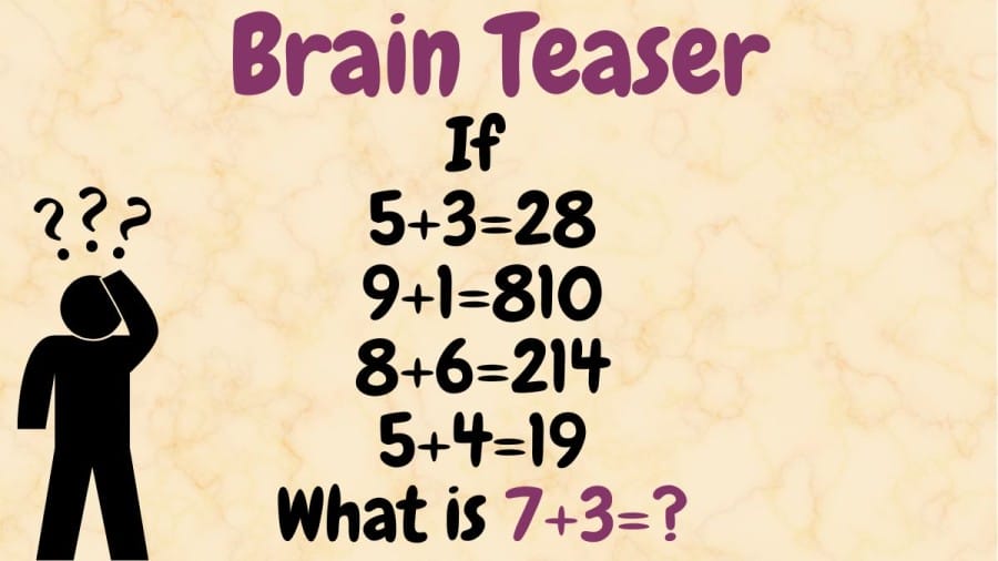 Brain Teaser: If 5+3=28, 9+1=810, 8+6=214, 5+4=19, What is 7+3=?